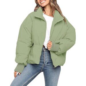 👑Women's Winter Puffer Jacket Green Outerwear Long Sleeve Short Warm Coat